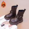 2025 Autumn/Winter Girls' Mid-Calf Leather Boots with Side Zipper and Velvet Lining