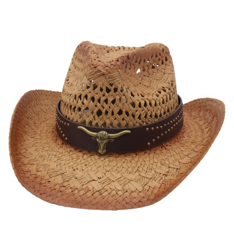 Cowboy Hat Panama Hollow Straw Hat Cowboy Straw Hat Women'S Belt Decorative Sunscreen Shade Seaside Beach Hat