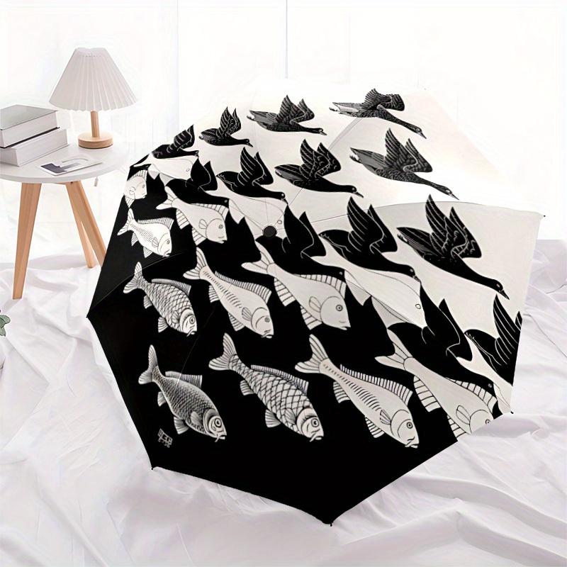 1 Stück Vögel Fische Automatisches Öffnen/Schließen Faltbarer Kompakter Regenschirm, 8-Speichen Stabiles Dach, Leicht Tragbar, Tägliche Nutzung, Geschenk, Outdoor-Regenschirm, Reise