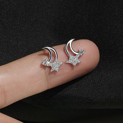 S999 Pure Silver Star and Moon Ear Studs Female Ear-Caring Niche Design Earrings Eardrops