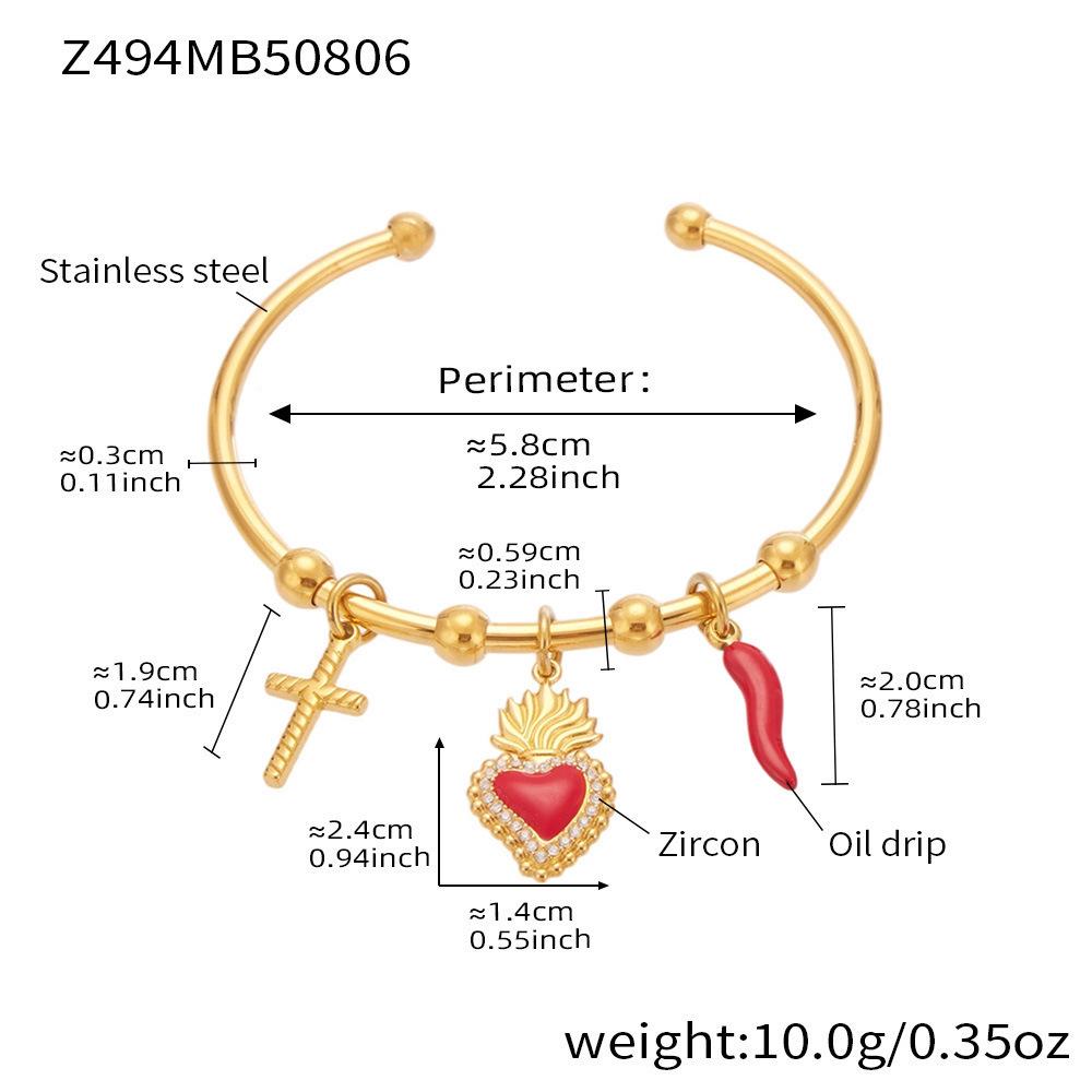 Qiong Yao Geometric Open Cuff & Enamel Heart Bracelet Set - Vacation Style
