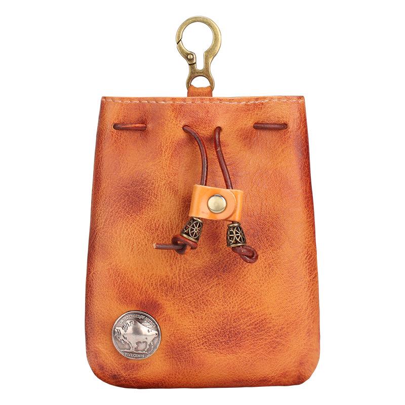 Vintage Cowhide Coin & Key Pouch - Waist Bag with Drawstring Storage