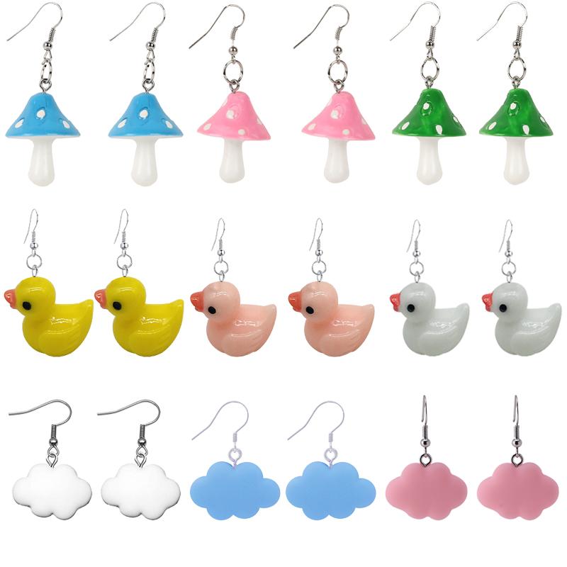 Cute Simple Funny Small Drop Earrings For Women Girls Children Animal Duck Frog Mushroom Cloud Shape Resin Dangle Zircon Gift