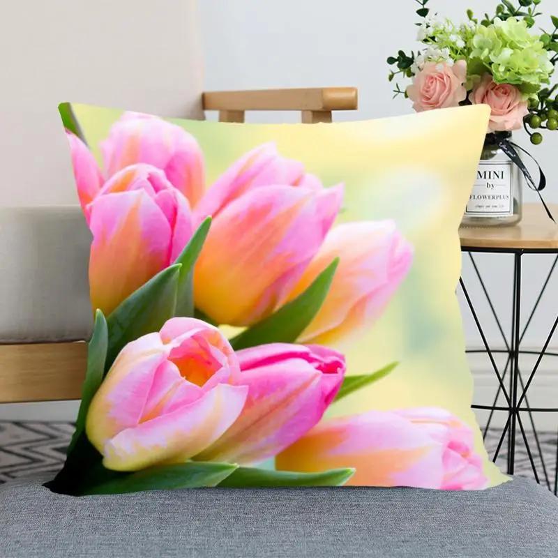 Tulip Flower Pillowcase Bedroom Home Office Decorative Square