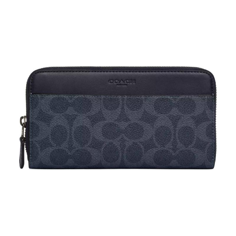 COACH Accordion Wallet 19 Signature Brand Print Zip Closure Coated Canvas Wallet Regular Men s Denim Blue Denim blue синий
