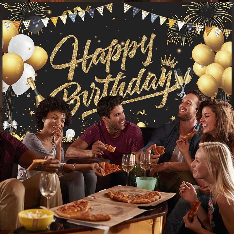 3X Birthday Backdrop Banner Black Gold Backdrop Sign Happy Birthday Party Decoration Set For Girls Men Women Celebration-B61B