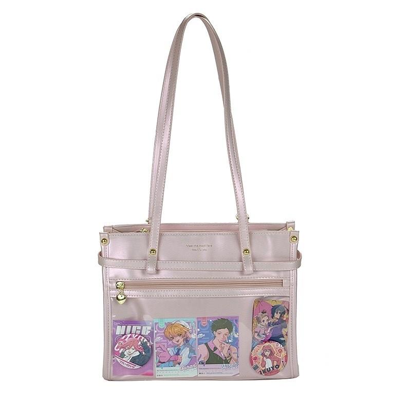 Color Simple Solid Shoulder Bag With Transparent Layer For Storing Badges