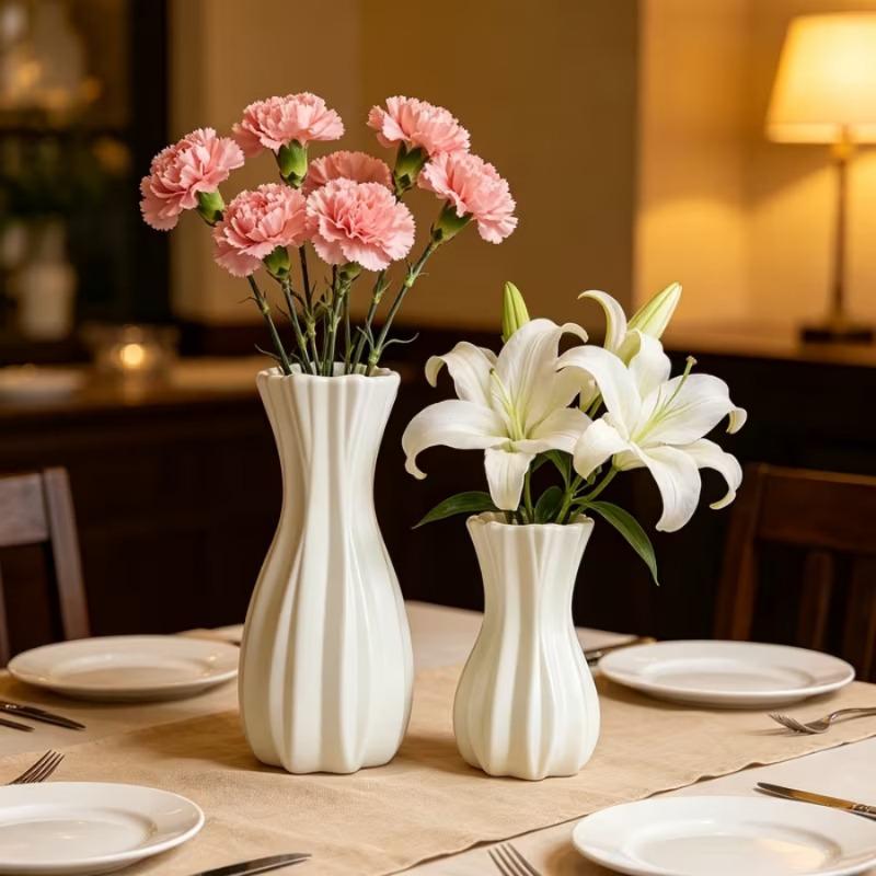 Matte White Striped Plastic Vase Shatterproof Hydroponic Container Lightweight Home Decor For Flowers, Plants Tabletop Display