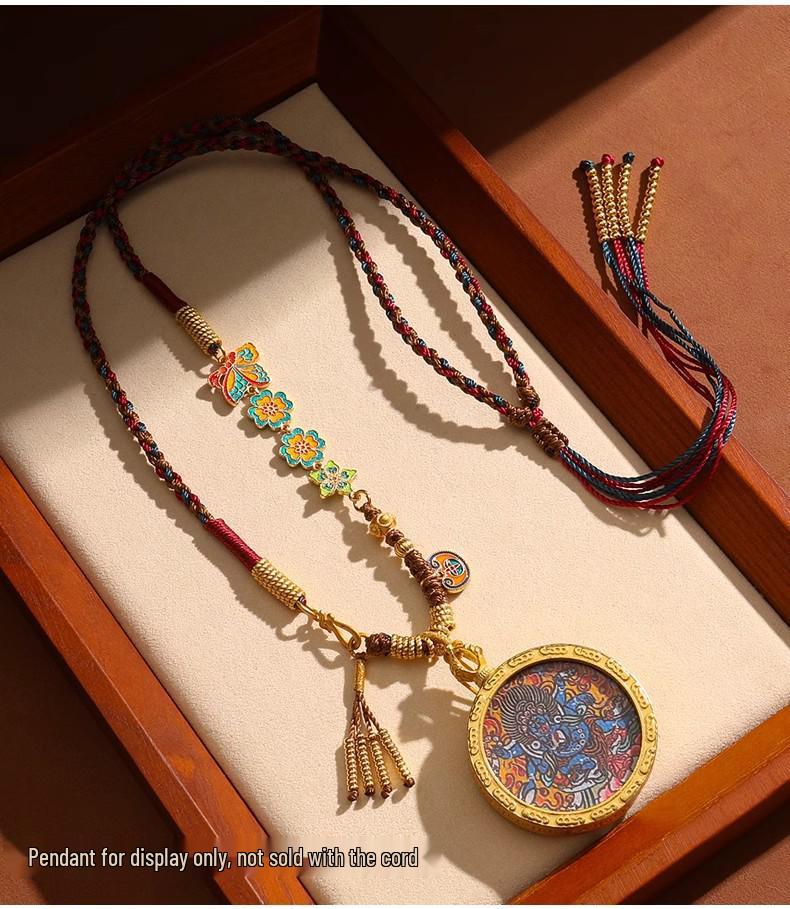 Tibetan Handmade Braided Thangka Pendant Amber Jade Tassel Necklace