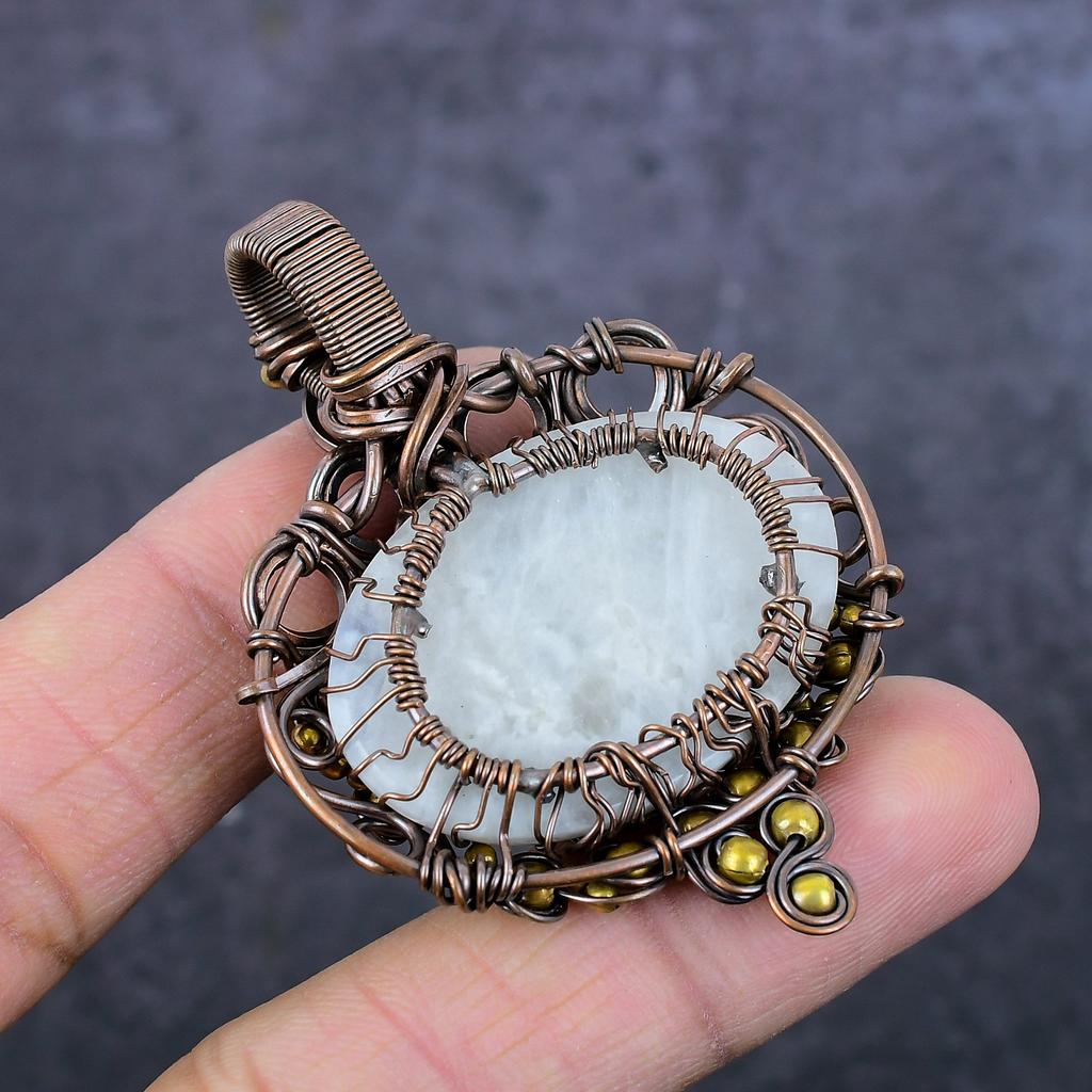 Natürlicher Regenbogen Mondstein Handgemachter Kupferdraht Wickelschmuck Anhänger 2,36" N9G58