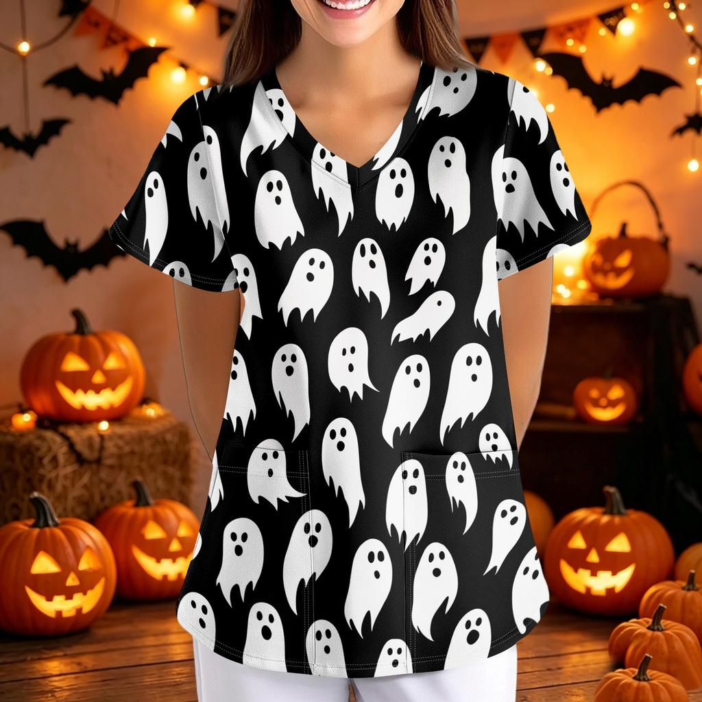 Women Halloween Print Loose V Neck Short Sleeve Medical Scrub Top with Pockets Nurse Uniform Work Shirt for Healthcare Professionals