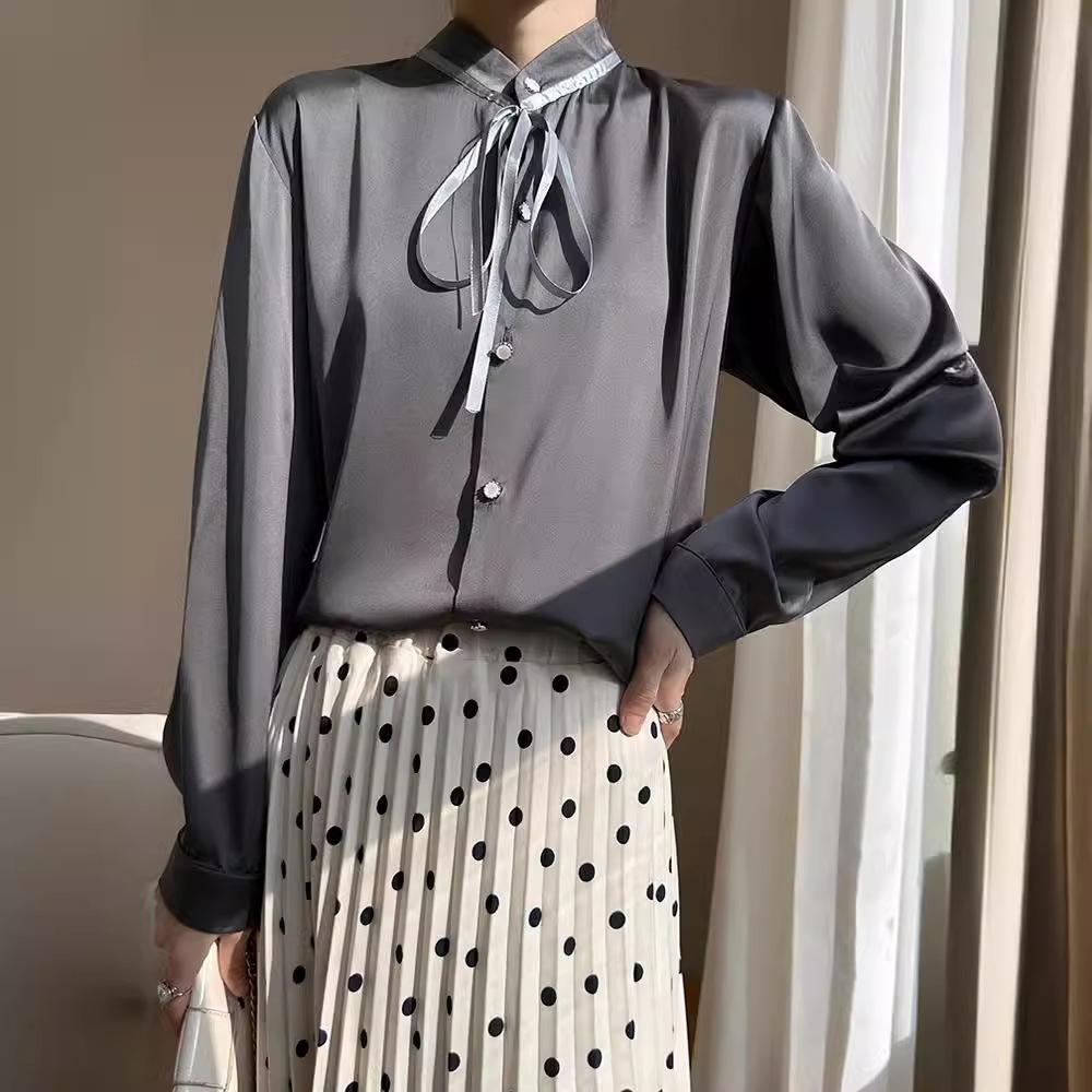 Cămașă pentru femei de primăvară și toamnă, cu centură flutter, cardigan cu fundă, cu gât rotund, bluză cu guler în picioare.