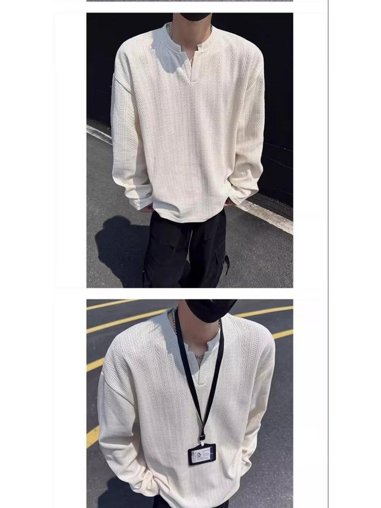 Men's High-End Jacquard Hoodie: Wrinkled Waffle Knit Long Sleeve T-Shirt with Elastic Padded Shoulders