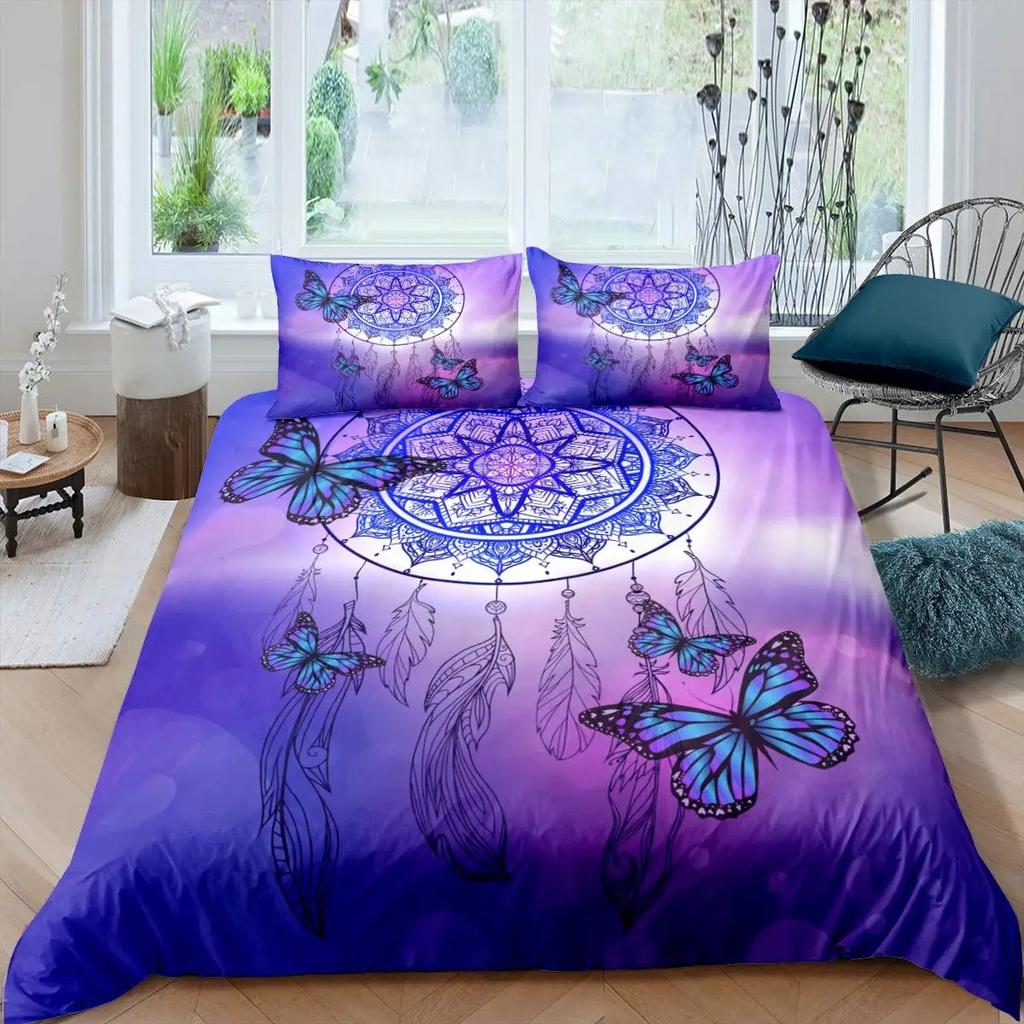 Dream Catcher Duvet Cover Set Purple Bedding Set Chic Boho Mandala Floral Feather Design Galaxy Comforter Cover Set Queen Size