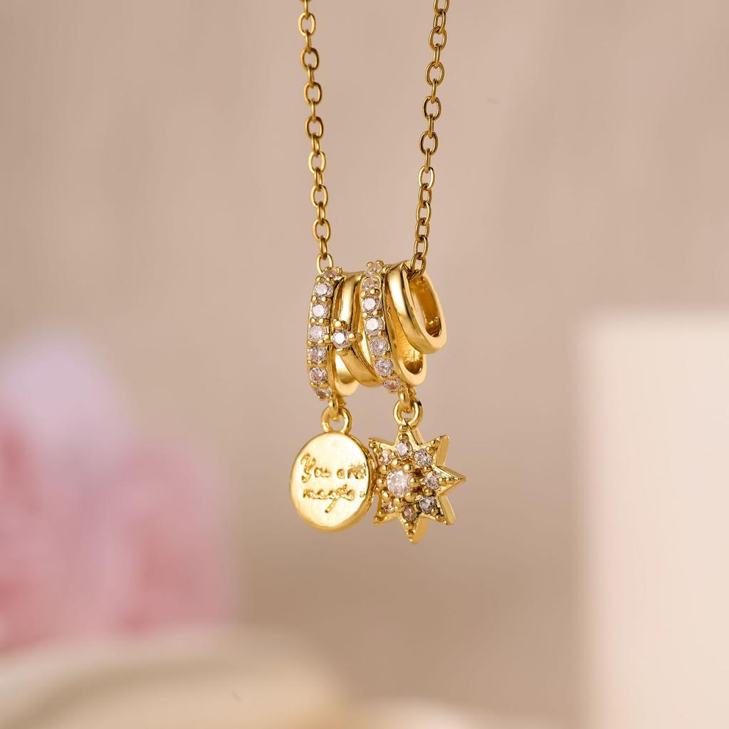 1pc Stainless Steel Aurora Star Pearl Radiant Star Pendant Necklace, With Tiny Crystals, Dreamlike Sparkle Design, Gift For Wife, Female Friends,