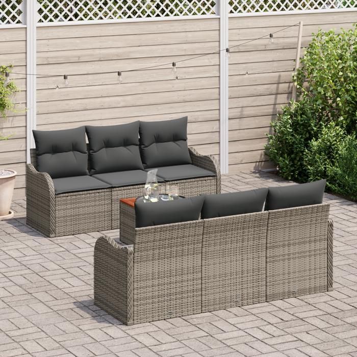 Ensemble de jardin 7 pièces avec coussins en poly rotin gris, Canapé de jardin 2 places avec coussins en poly rotin gris 3347398