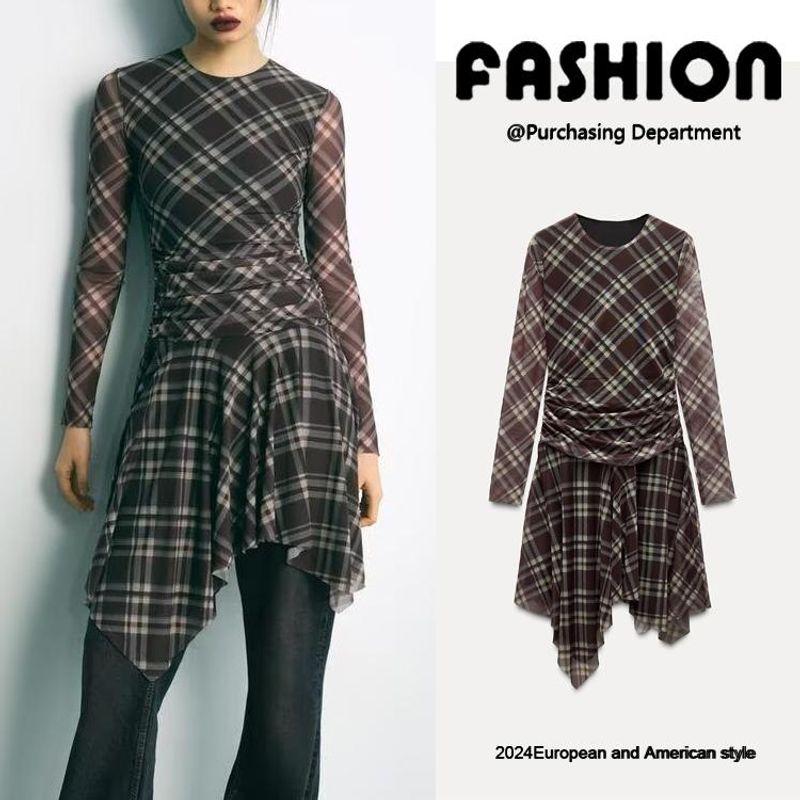 Za2025 Spring New Women's Clothing Fashion Gingham Ruched Silk Net Elegant Long-Sleeve round-Collar Dress 5039282