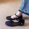 Hand-woven Style Genuine  Round Toe Low Heel Back Hollow Lace-up Sandals Solid Color Thick Heel Elegant Women's Shoes