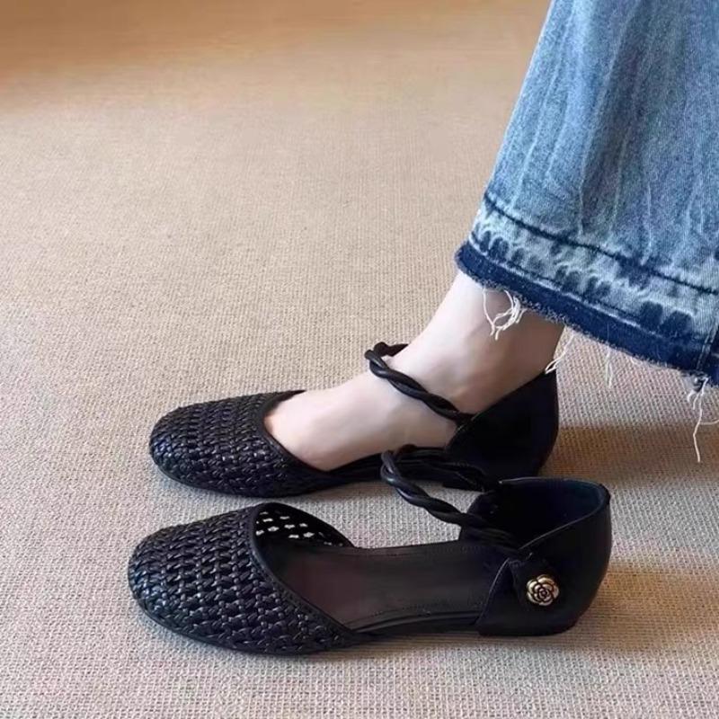 Hand-woven Style Genuine  Round Toe Low Heel Back Hollow Lace-up Sandals Solid Color Thick Heel Elegant Women's Shoes