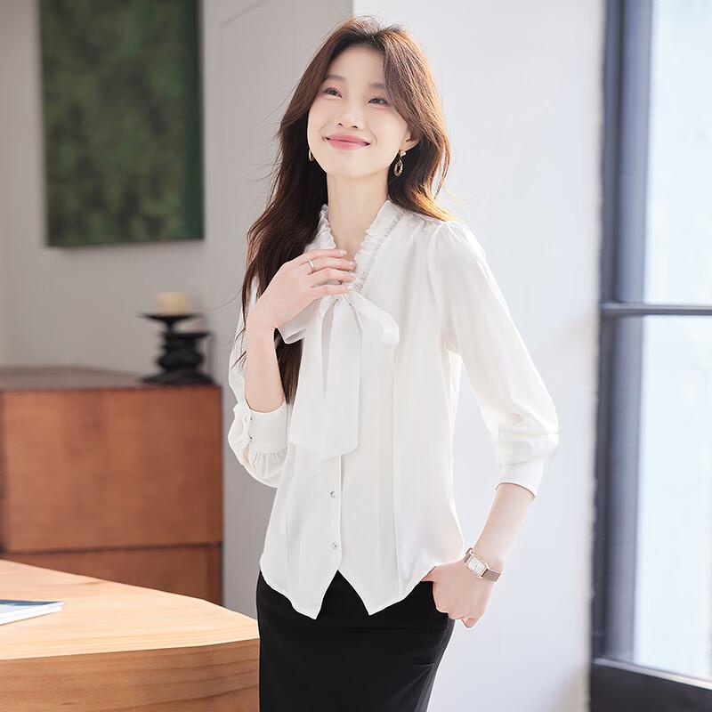 Troloman Women's V-Neck Bow Tie Long Sleeve Blouse