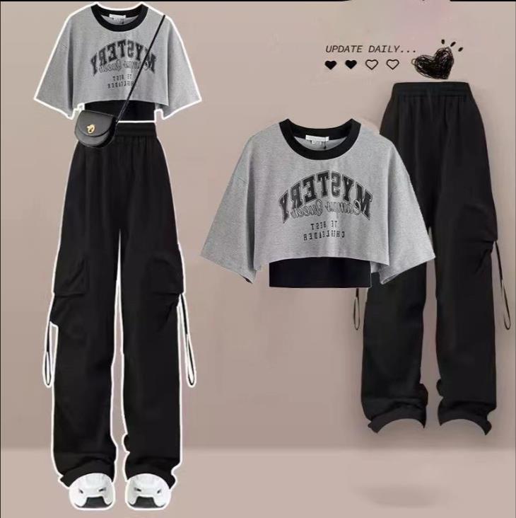 

Летний женский спортивный костюм, элегантный свободный комплект из футболки с короткими рукавами + подтяжки + брюки-карго, костюм-тройка XXL серый