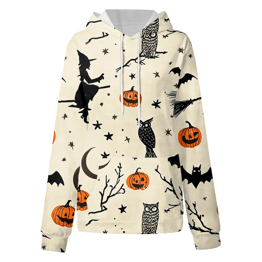 Women's fashionable long-sleeved Halloween print hooded pullover hoodie top
