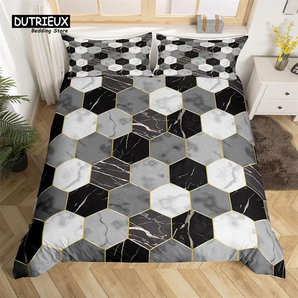 Marble Duvet Cover Set Microfiber Geometric Hexagone Quilt Cover Honeycomb Bedding Set Single King Queen For Kids Teens Adults