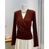 Popular V-neck Inner Bottoming Shirt for Women In Spring Autumn Cross-cut Waist Long-sleeved T-shirt Elegant Top