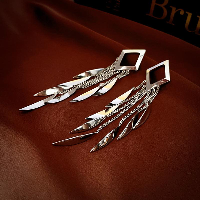 

High-End Metallic Leaf Sequin Tassel Earrings: Real Gold Plated Silver Studs for Women