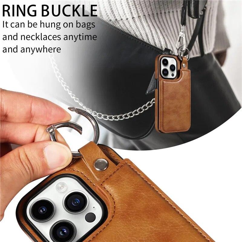 Ring Leder Portemonnaie Karte Handytasche für iPhone 15 Pro Max 14 Plus 13 Pro 12 11 für Samsung Galaxy S24 Ultra S23 S22 S21 FE A15 A54 A34 A14 Flip Cover