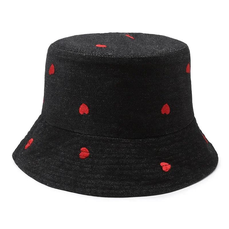 Embroidered Heart Women Bucket Hat Summer Jeans Fisherman Hats Denim Ladies Girl Outdoor Travel Sunshade Basin Cap