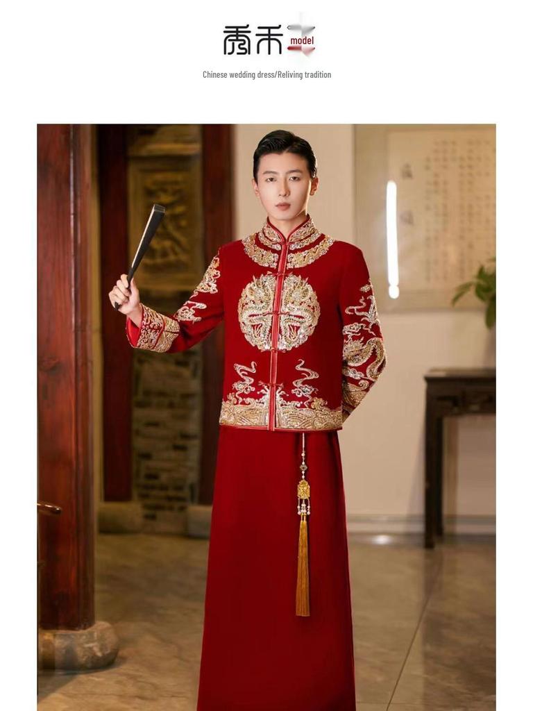 Herren 2024 Xiuhe Samt Hochzeitsanzug: Chinesisches Bräutigam Drachen & Phönix Gewand, Übergröße verfügbar