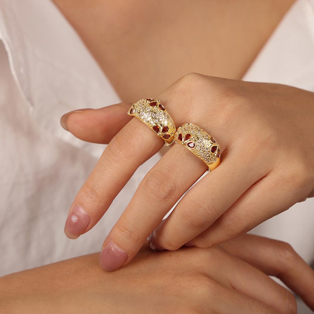 Luxurious French Court Style Copper Ring with Colorful Zircon Inlays, Adjustable for Women