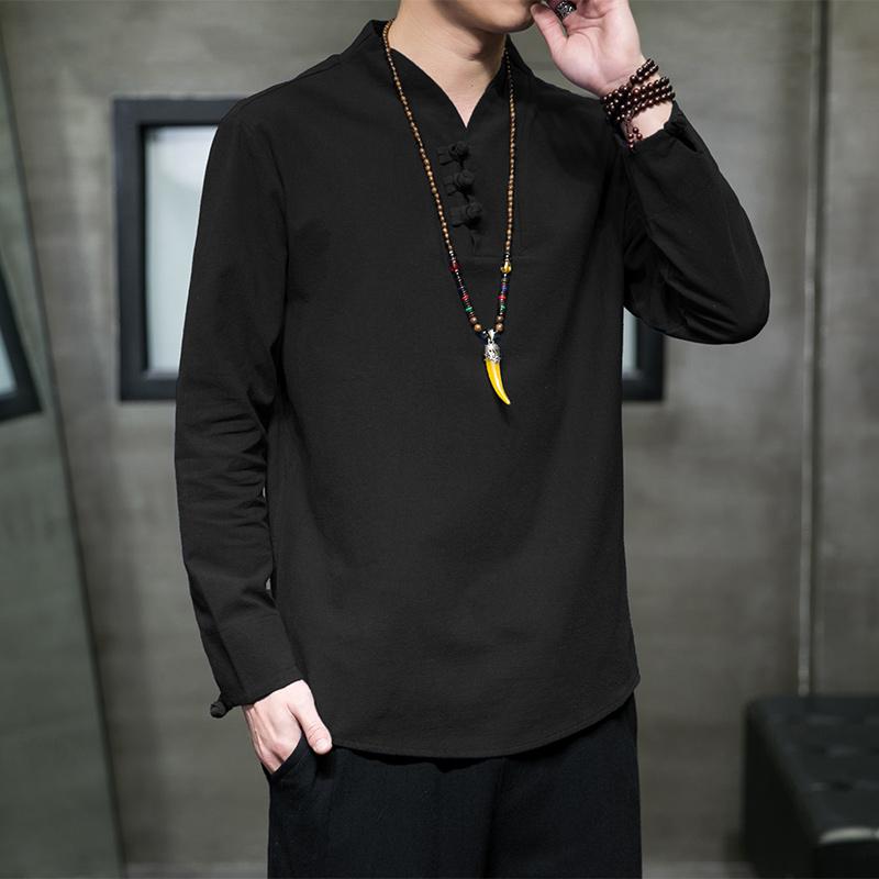 2025 Chinese Style Mens Shirts Fashion V-neck Long Sleeve T-shirt Men Harajuku Shirts Male Japanese Kimono Shirt