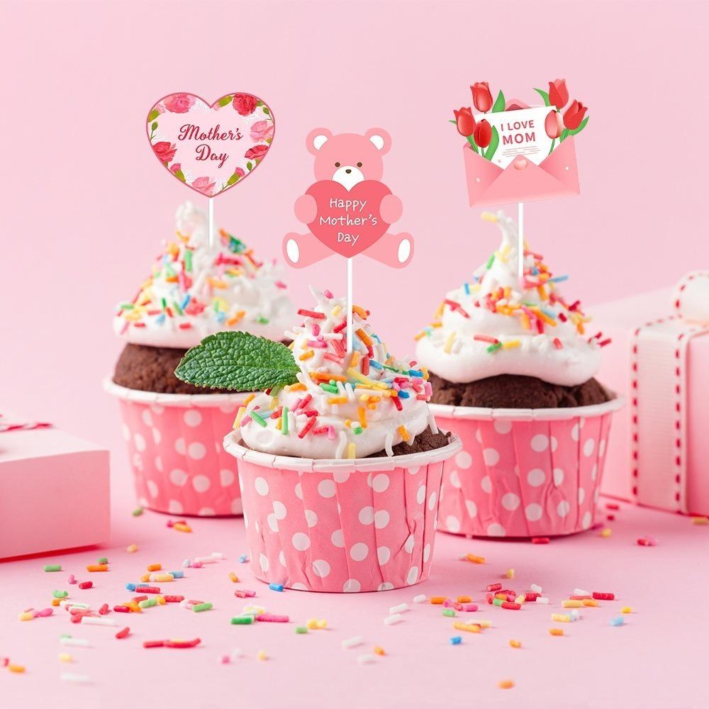 36pcs Love Bear Flower Cupcake Topper Pink Mothers Day Gift Decor  Birthday Party