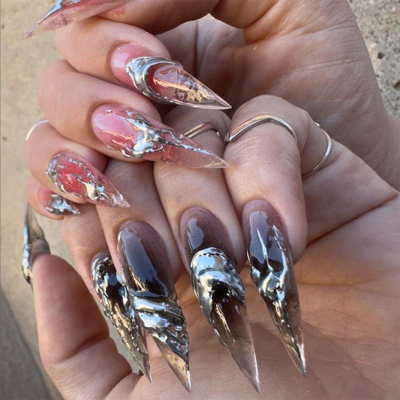 European American Long Pointed Wearing Nail Halo Dyeing Hot Silver 3D Plate Art Fake