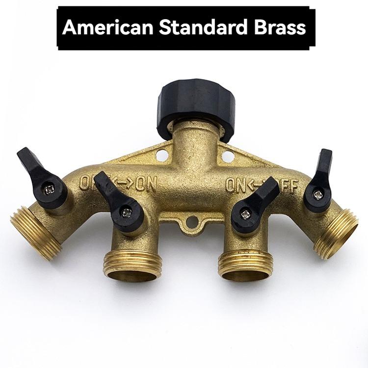 3/4" Brass 4-Way Splitter Tap Diverter, Garden Irrigation Water Distributor Valve Controller
