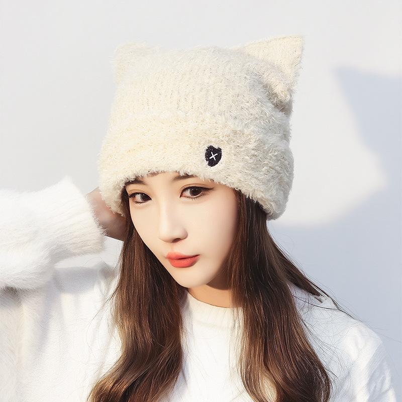 Sweet Cat Ear Knitted Hat: Autumn/Winter Warm, Cute Japanese Style with Heart Embroidery for Women