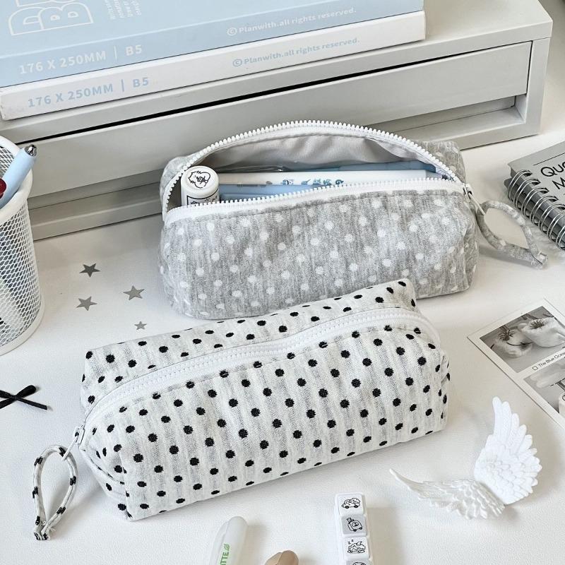 Travel Makeup Bag for Women Cosmetic Case High Capacity Student Pencil Case Pouch with Korean Style Minimalist Polka Dot Design