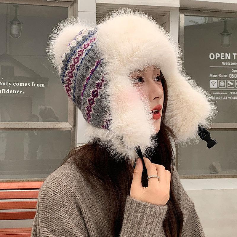 Bonnet Thermique Tricoté Couleur Tendance pour Femmes, Polaire Épaissi avec Protège-Oreilles, Bonnet Polaire