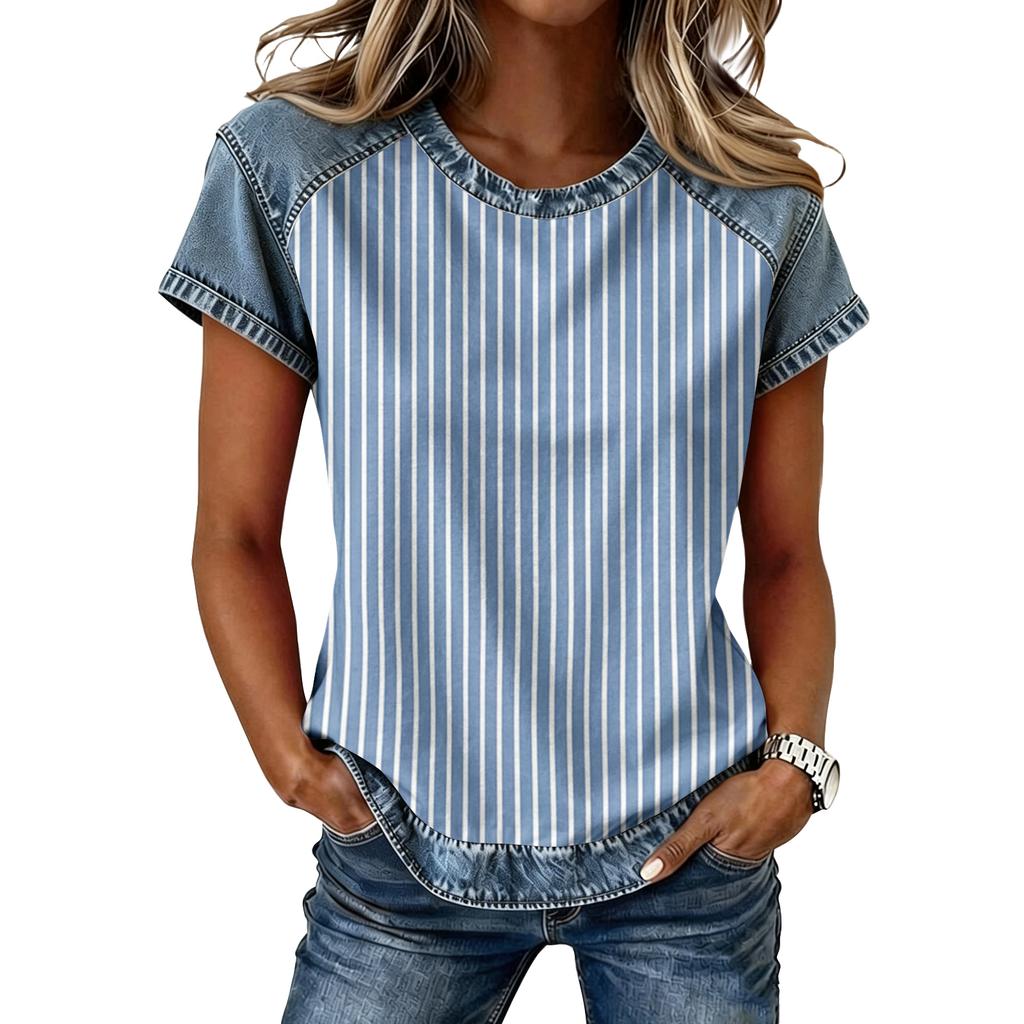 Top da Donna Casual a Manica Corta Patchwork Stampato Girocollo Vestibilità Larga T-shirt Blusa con Cuciture Stile Denim per Uso Quotidiano