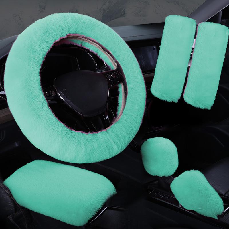 Plush Car Steering Wheel Cover 6piece Set Winter Warmth And Elastic Non Slip Handle Cover Women's Car Interior Accessories