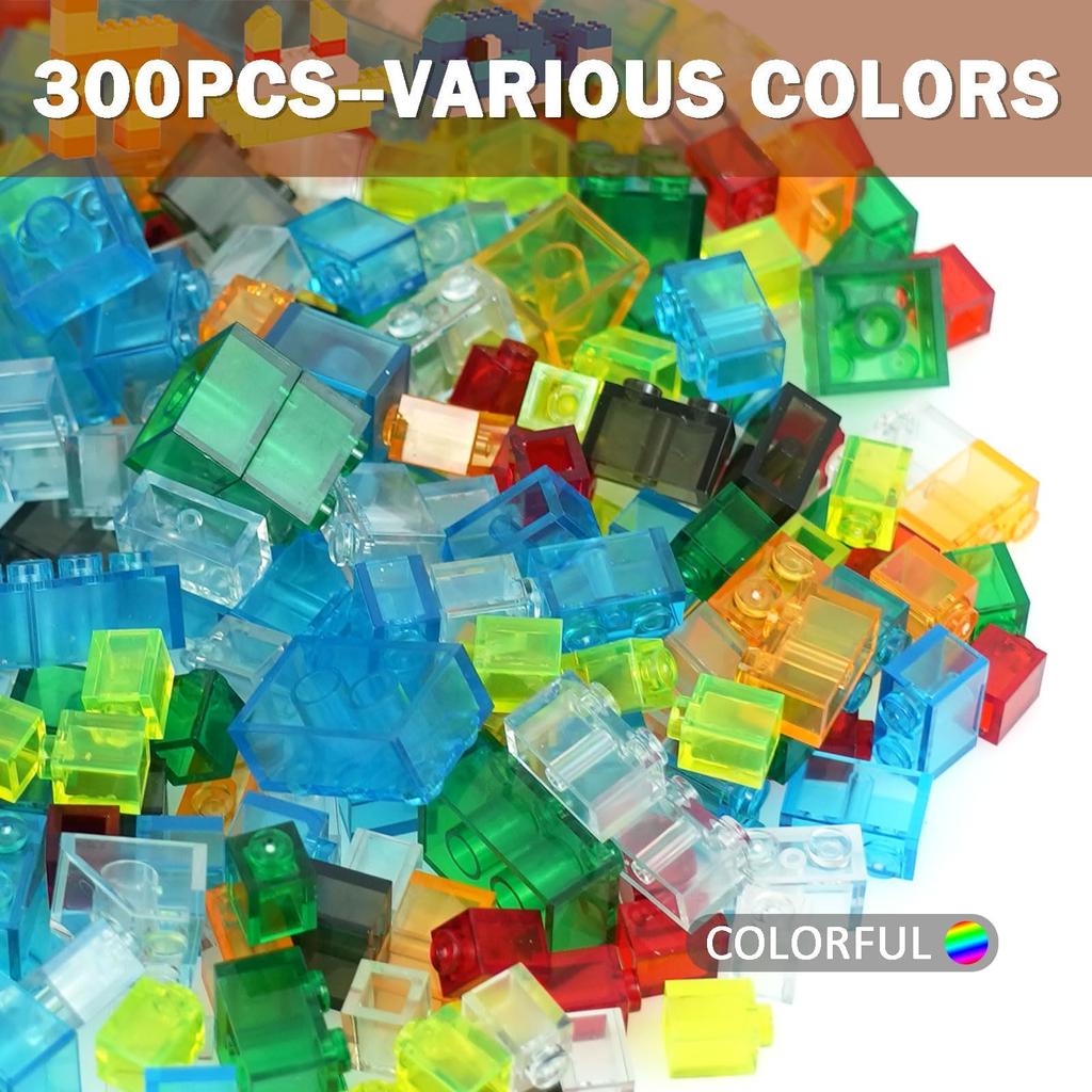 300-Piece Clear Building Block Pack, Basic Building Block Expansion Set, Compatible with Major Brand Classic Blocks, Random Colors and Shapes, for