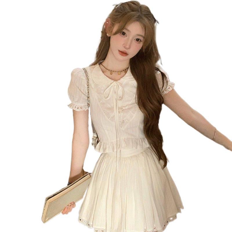 2026 Summer French Slim-fit Peter Pan Collar White Shirt and Embroidered Heart Skirt Set for Women