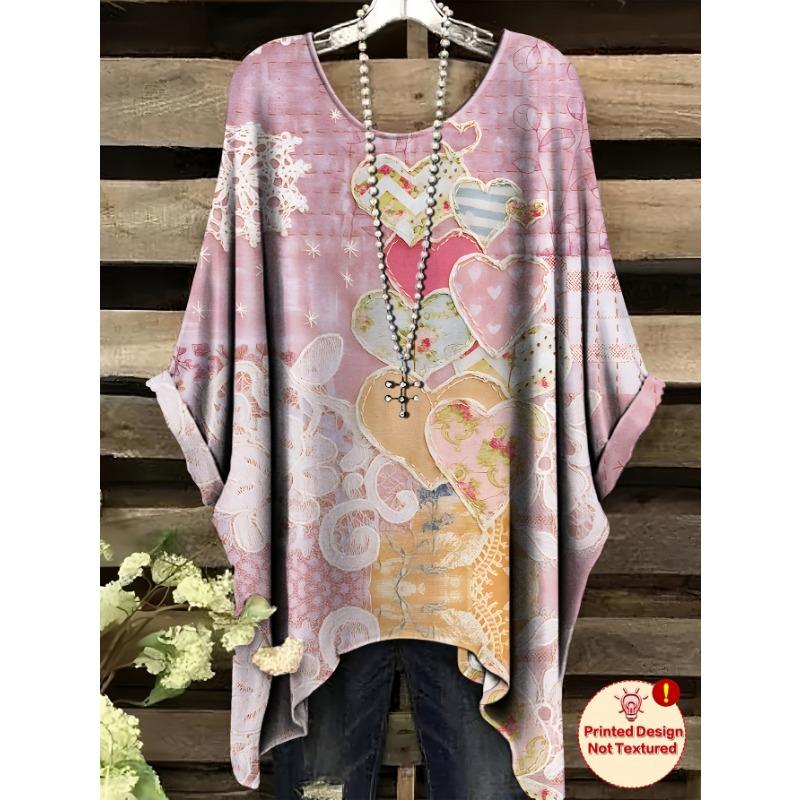 Women's T-shirt Printed Design Tops Elegant Oversized Minimalist Vintage Heart Pattern Print Irregular Hem Round Neck T-Shirt
