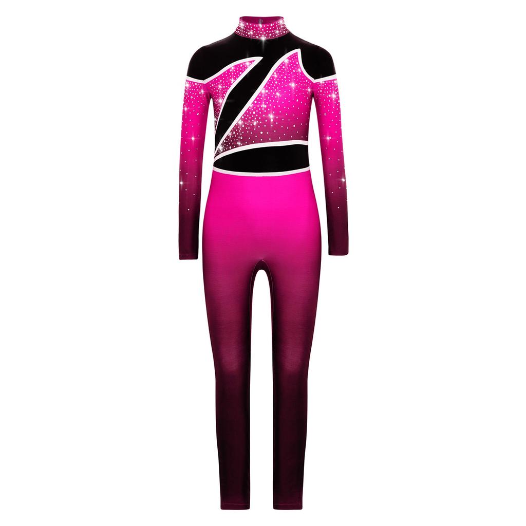 Mädchen Colorblock Jumpsuit Stehkragen Langarm Schlüssellochrücken Strass Body für Gymnastik Tanzaufführungen