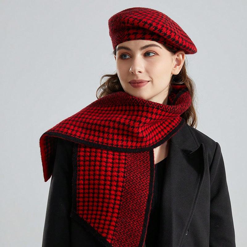 New Checkerboard Autumn and Winter Knitted Beret Children Retro Fashion Flat Top Beanie Painter Hat