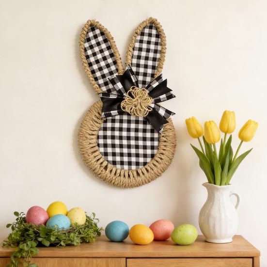 Osterhasenkranz Hanfseil Frühlingshasenkranz mit Schleife Oster-Türhänger für Bauernhaus Veranda Tür Wand Fensterdeko
