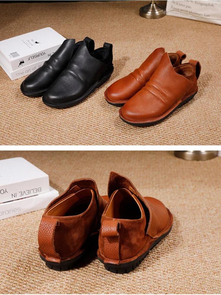 Johnature Miękka Skóra Bydlęca Damskie Wsuwane Buty Skórzane Miękka Podeszwa Retro Wszechstronne Płaskie Botki
