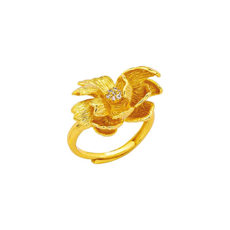 Vietnamese Sand Gold Peony Filigree Zircon Women's Open Ring - Long-Lasting Color Retention